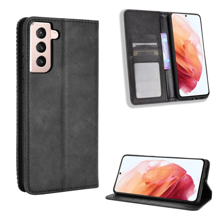 Auto-absorbed Retro Style Wallet Stand Leather Phone Case for Samsung Galaxy S21+ 5G - Black - 1