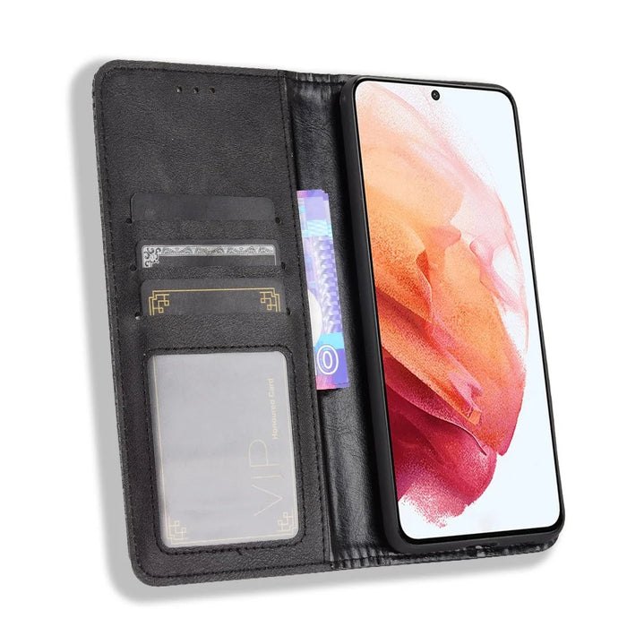 Auto-absorbed Retro Style Wallet Stand Leather Phone Case for Samsung Galaxy S21+ 5G - Black - 7