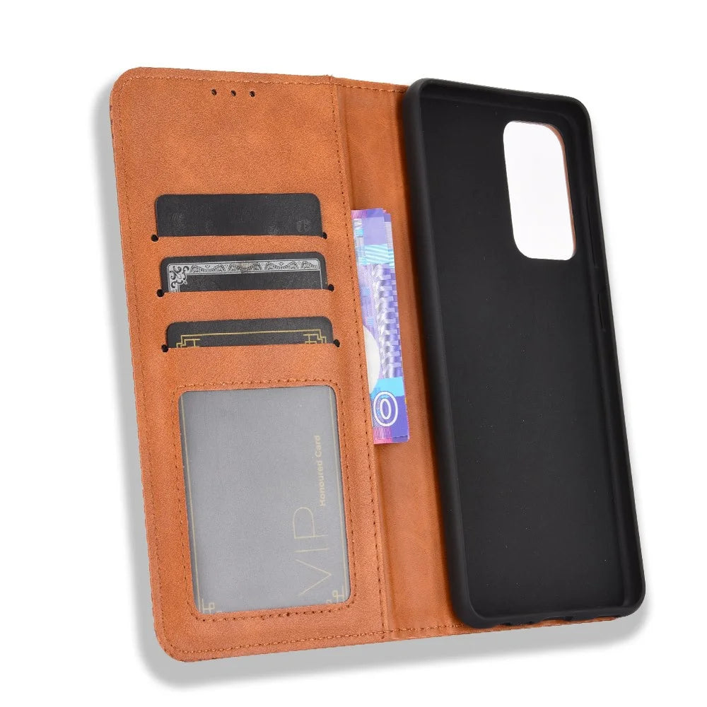 Retro Style Auto-absorbed Leather Phone Shell for Samsung Galaxy A72 4G/5G Wallet Stand Case - Brown - 6