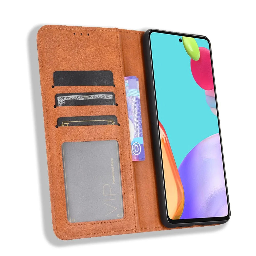 Retro Style Auto-absorbed Leather Phone Shell for Samsung Galaxy A72 4G/5G Wallet Stand Case - Brown - 7