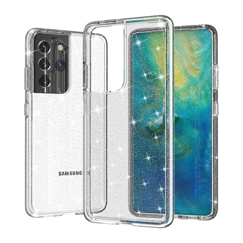 Glittery Powder Design Case for Samsung Galaxy S21 Ultra 5G PC+TPU Hybrid Phone Cover - Silver - 1