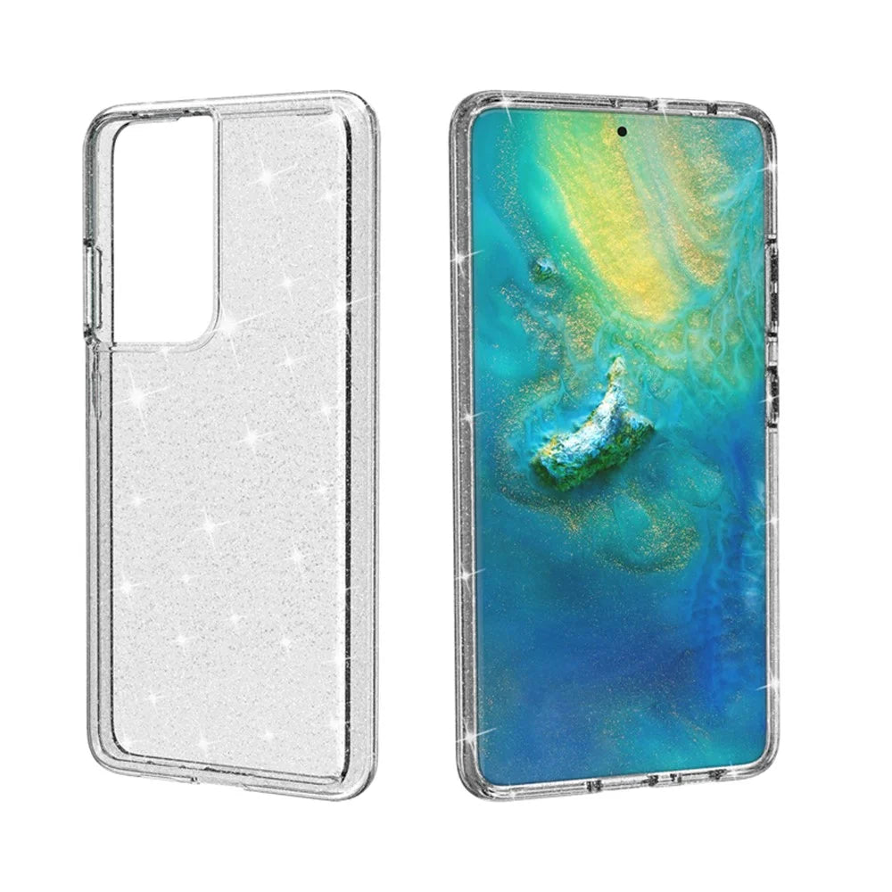 Glittery Powder Design Case for Samsung Galaxy S21 Ultra 5G PC+TPU Hybrid Phone Cover - Silver - 5
