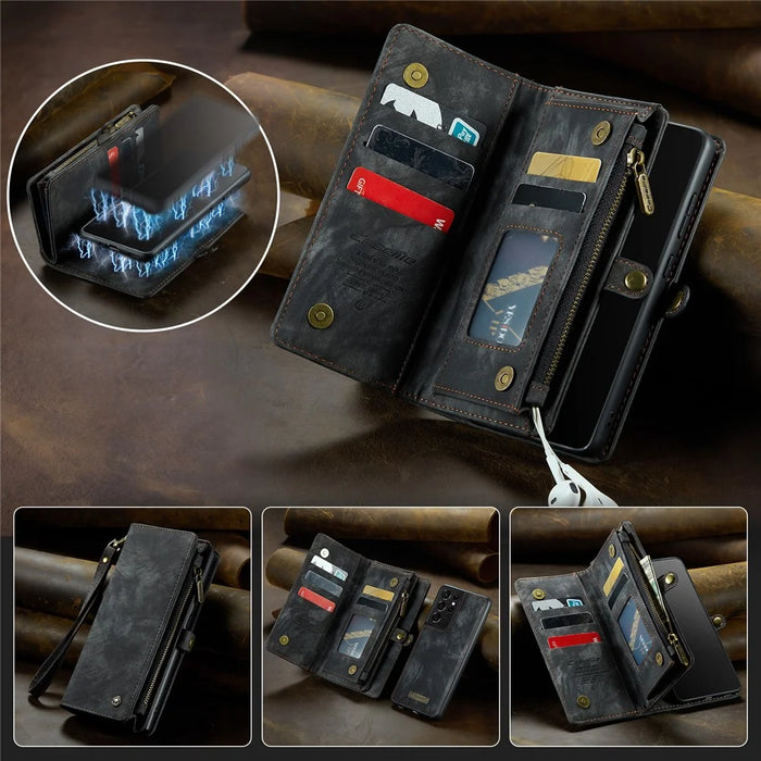 CASEME 008 Series for Samsung Galaxy S21 Ultra 5G PU Leather Zipper Multi-function Phone Case Magnetic Detachable 2-in-1 Wallet Stand Cover - Black - 1