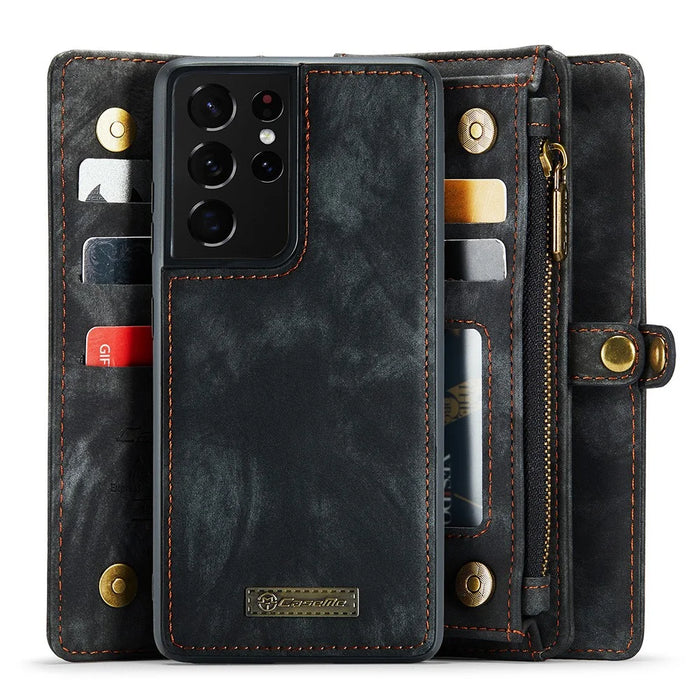 CASEME 008 Series for Samsung Galaxy S21 Ultra 5G PU Leather Zipper Multi-function Phone Case Magnetic Detachable 2-in-1 Wallet Stand Cover - Black - 3