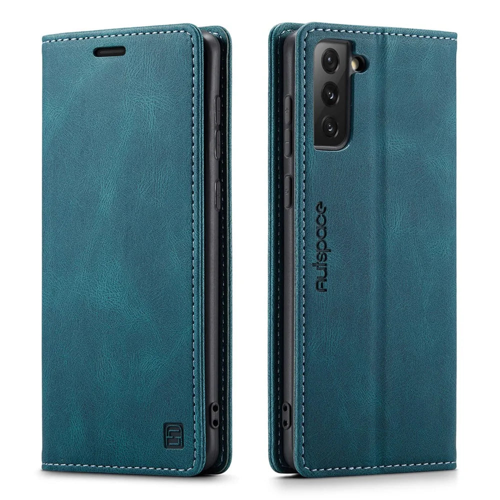 AUTSPACE A01 Series RFID Blocking Retro Matte Leather Case Wallet for Samsung Galaxy S21 4G/5G - Blue - 1