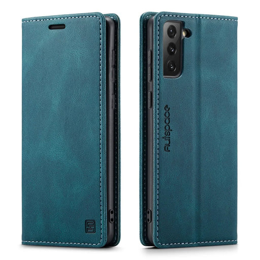 AUTSPACE A01 Series RFID Blocking Retro Matte Leather Case Wallet for Samsung Galaxy S21 4G/5G - Blue - 1