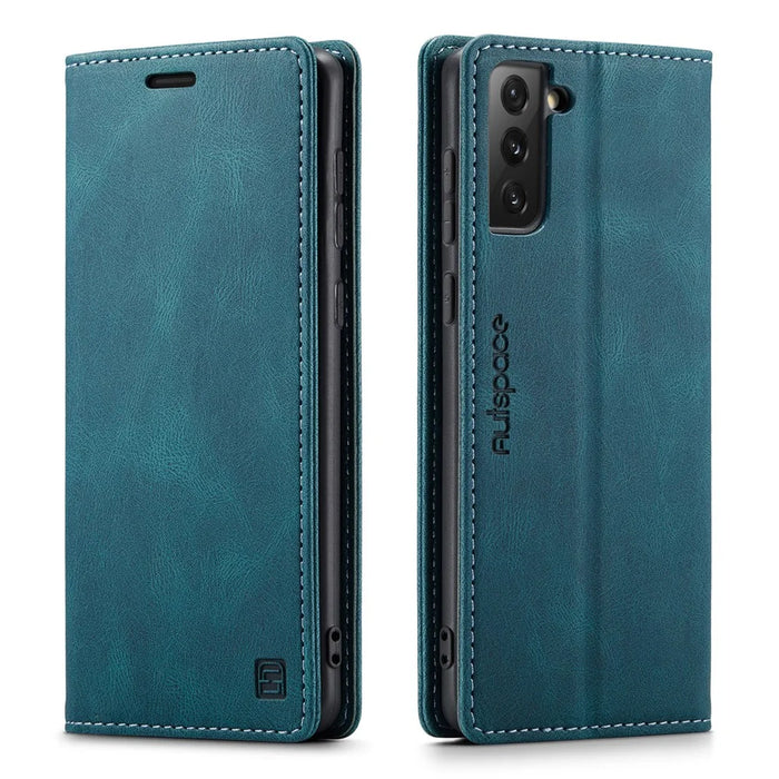 AUTSPACE A01 Series RFID Blocking Retro Matte Leather Case Wallet for Samsung Galaxy S21 4G/5G - Blue - 1