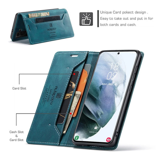 AUTSPACE A01 Series RFID Blocking Retro Matte Leather Case Wallet for Samsung Galaxy S21 4G/5G - Blue - 2