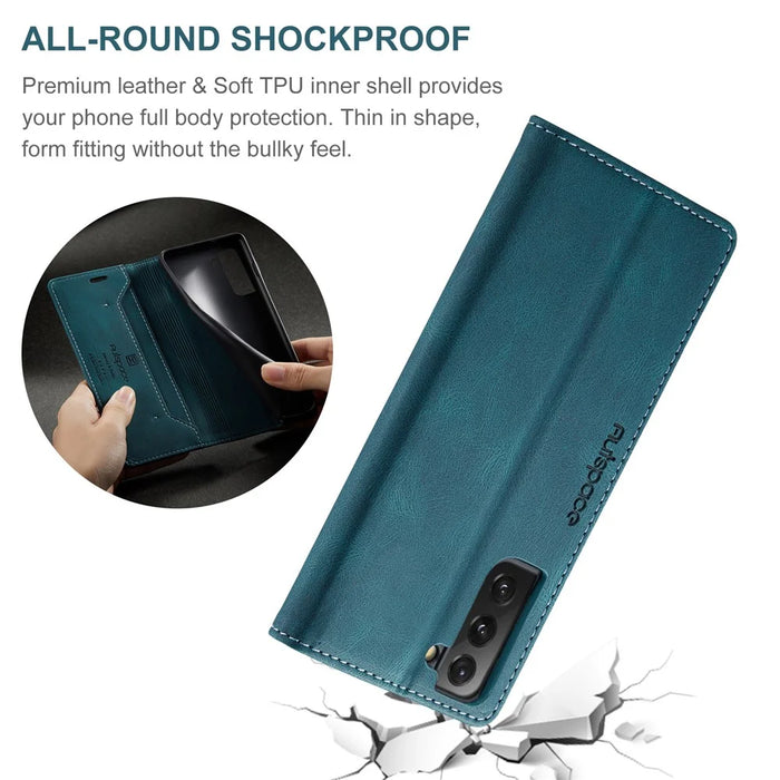 AUTSPACE A01 Series RFID Blocking Retro Matte Leather Case Wallet for Samsung Galaxy S21 4G/5G - Blue - 4