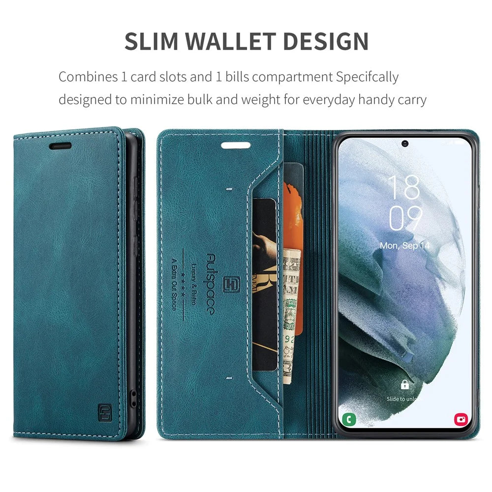 AUTSPACE A01 Series RFID Blocking Retro Matte Leather Case Wallet for Samsung Galaxy S21 4G/5G - Blue - 5