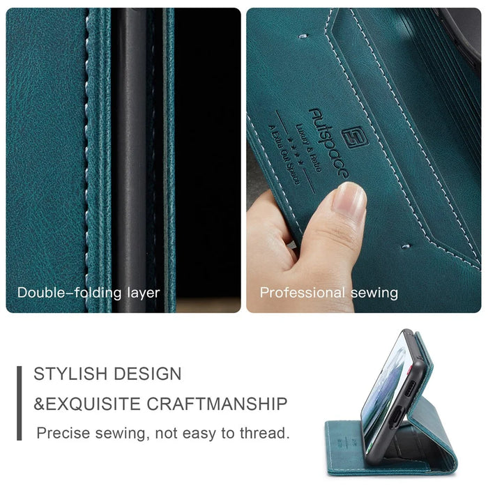 AUTSPACE A01 Series RFID Blocking Retro Matte Leather Case Wallet for Samsung Galaxy S21 4G/5G - Blue - 6