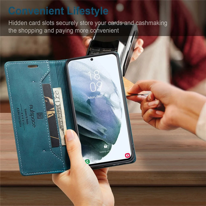 AUTSPACE A01 Series RFID Blocking Retro Matte Leather Case Wallet for Samsung Galaxy S21 4G/5G - Blue - 7
