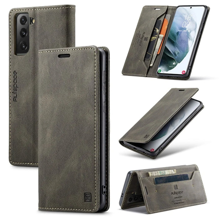AUTSPACE A01 Series Retro Style Matte Stand Wallet Leather Case for Samsung Galaxy S21+ 5G - Coffee - 1