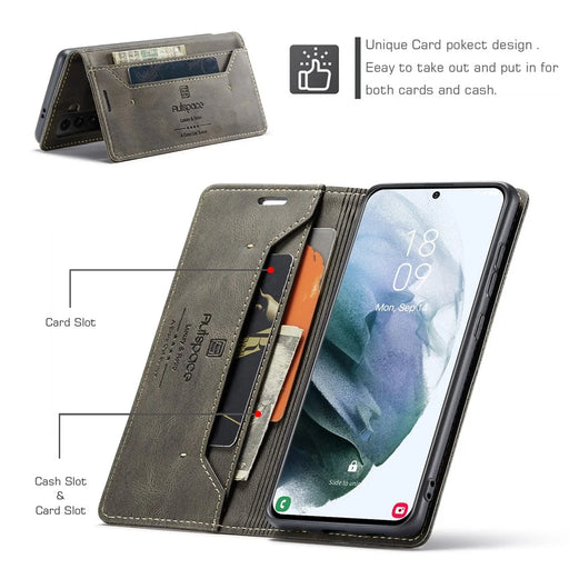 AUTSPACE A01 Series Retro Style Matte Stand Wallet Leather Case for Samsung Galaxy S21+ 5G - Coffee - 2