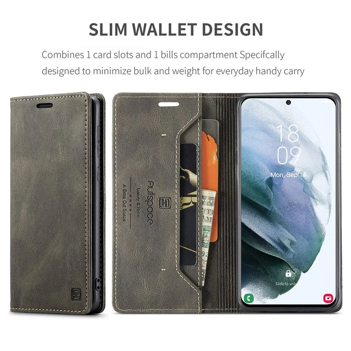 AUTSPACE A01 Series Retro Style Matte Stand Wallet Leather Case for Samsung Galaxy S21+ 5G - Coffee - 5