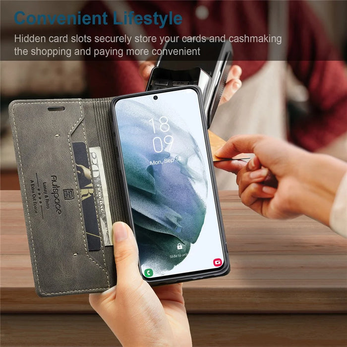 AUTSPACE A01 Series Retro Style Matte Stand Wallet Leather Case for Samsung Galaxy S21+ 5G - Coffee - 7