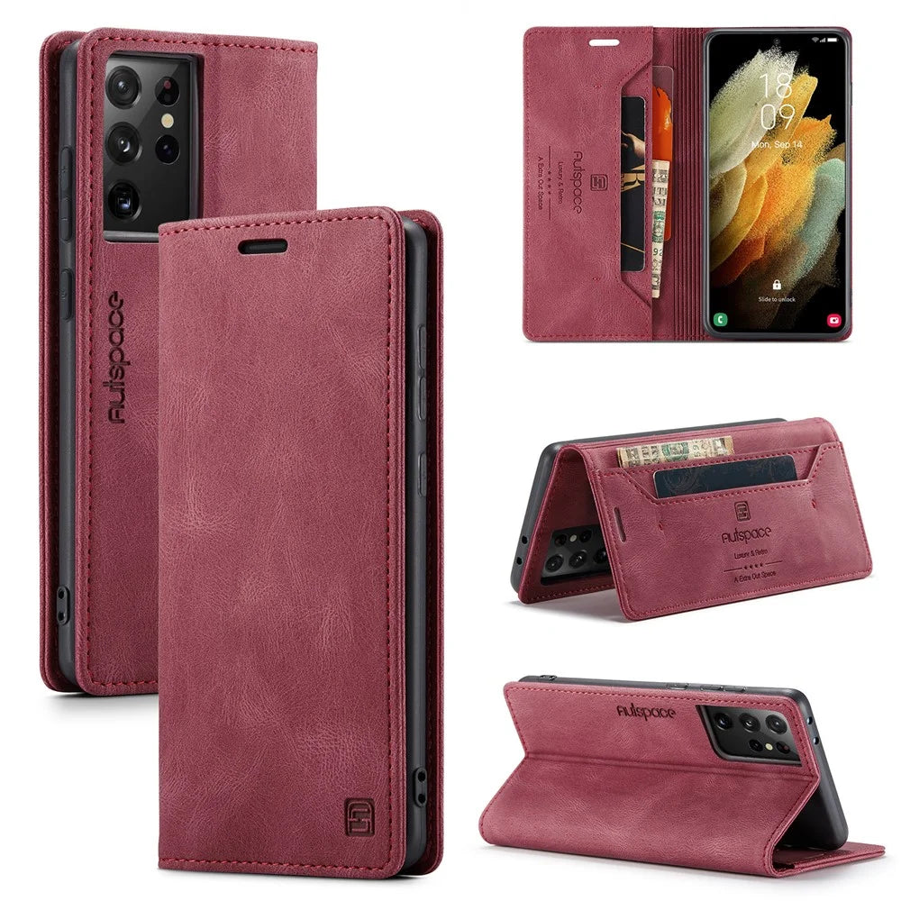 AUTSPACE A01 Series for Samsung Galaxy S21 Ultra 5G Leather Case Wallet RFID Blocking Cover - Red - 1
