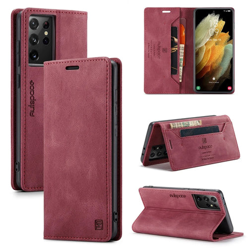 AUTSPACE A01 Series for Samsung Galaxy S21 Ultra 5G Leather Case Wallet RFID Blocking Cover - Red - 1