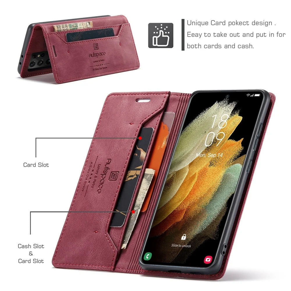 AUTSPACE A01 Series for Samsung Galaxy S21 Ultra 5G Leather Case Wallet RFID Blocking Cover - Red - 2