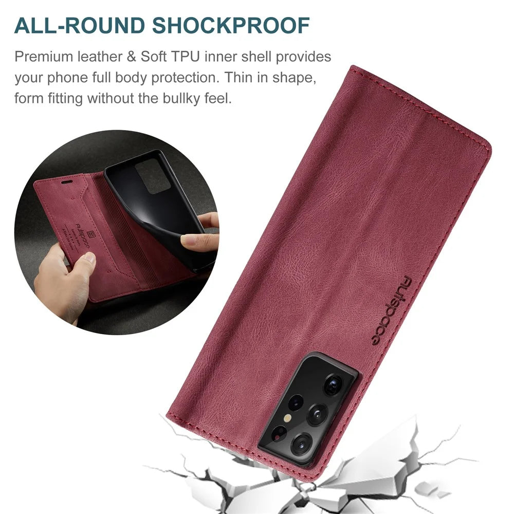 AUTSPACE A01 Series for Samsung Galaxy S21 Ultra 5G Leather Case Wallet RFID Blocking Cover - Red - 3