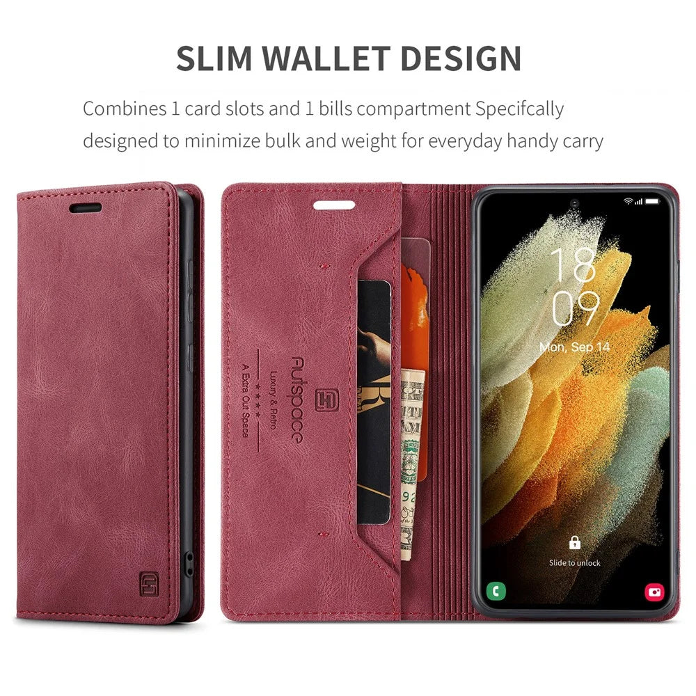 AUTSPACE A01 Series for Samsung Galaxy S21 Ultra 5G Leather Case Wallet RFID Blocking Cover - Red - 4