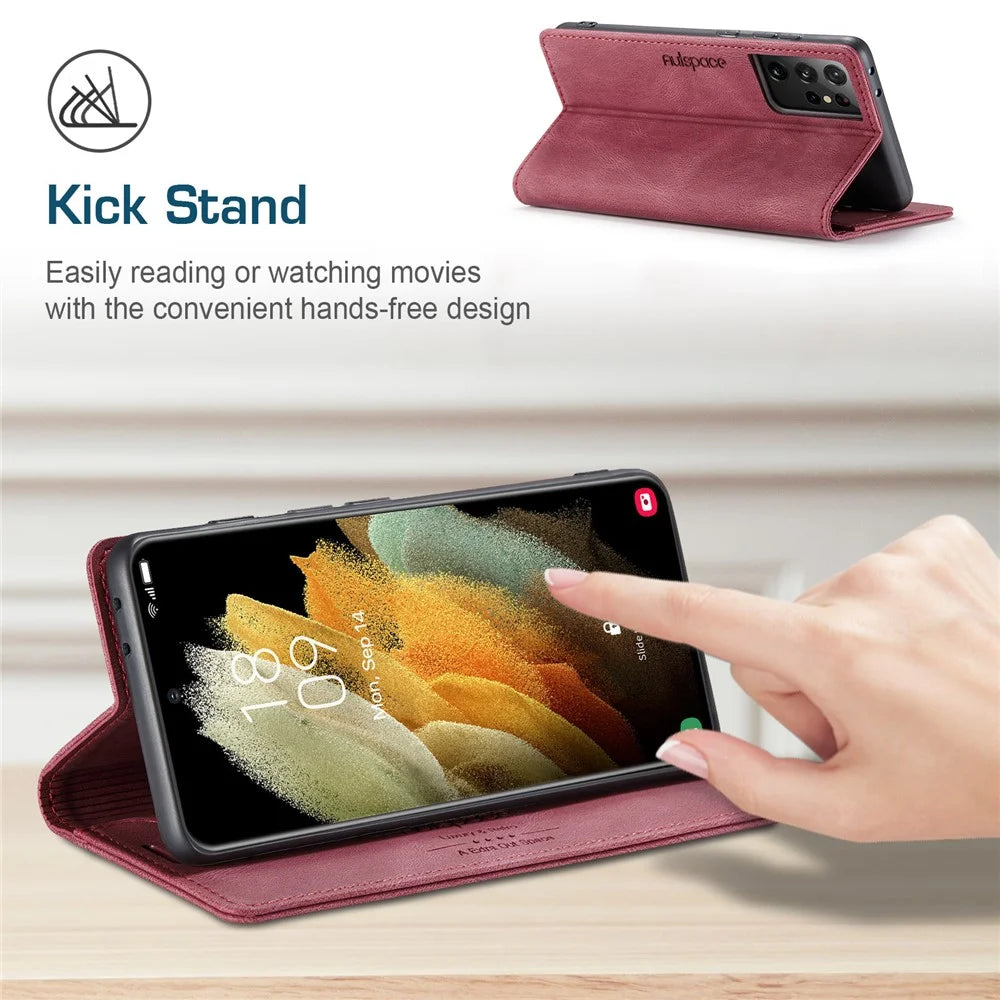 AUTSPACE A01 Series for Samsung Galaxy S21 Ultra 5G Leather Case Wallet RFID Blocking Cover - Red - 5
