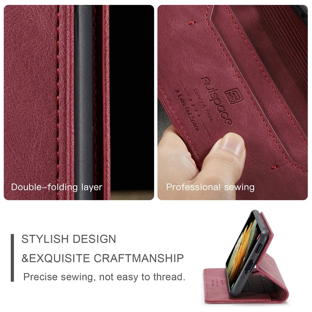AUTSPACE A01 Series for Samsung Galaxy S21 Ultra 5G Leather Case Wallet RFID Blocking Cover - Red - 6