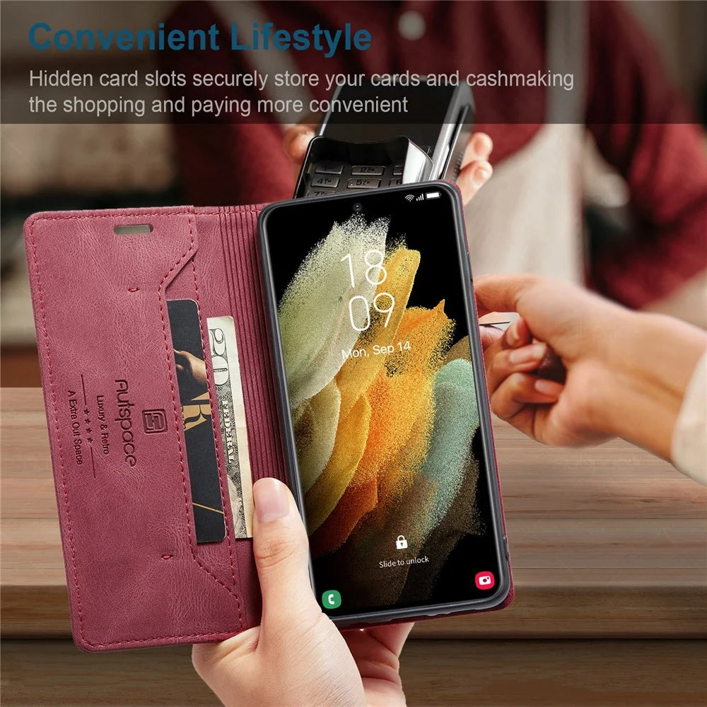 AUTSPACE A01 Series for Samsung Galaxy S21 Ultra 5G Leather Case Wallet RFID Blocking Cover - Red - 7