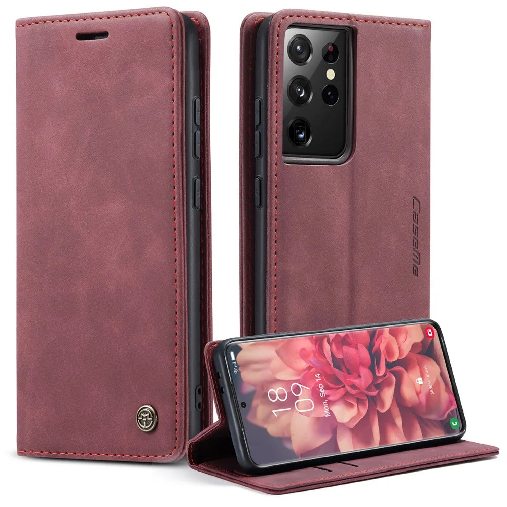 CASEME 013 Series Magnetic Clasp Stand Wallet Leather Shell for Samsung Galaxy S21 Ultra 5G - Wine Red - 1