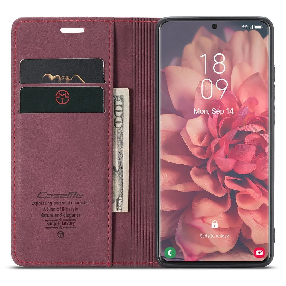 CASEME 013 Series Magnetic Clasp Stand Wallet Leather Shell for Samsung Galaxy S21 Ultra 5G - Wine Red - 2
