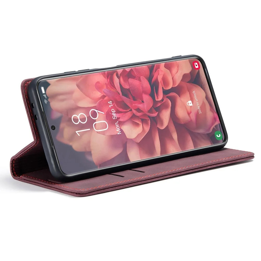 CASEME 013 Series Magnetic Clasp Stand Wallet Leather Shell for Samsung Galaxy S21 Ultra 5G - Wine Red - 3