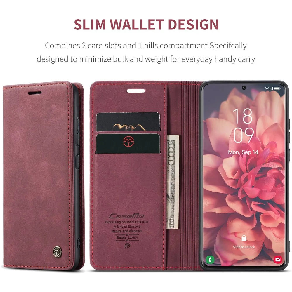 CASEME 013 Series Magnetic Clasp Stand Wallet Leather Shell for Samsung Galaxy S21 Ultra 5G - Wine Red - 4