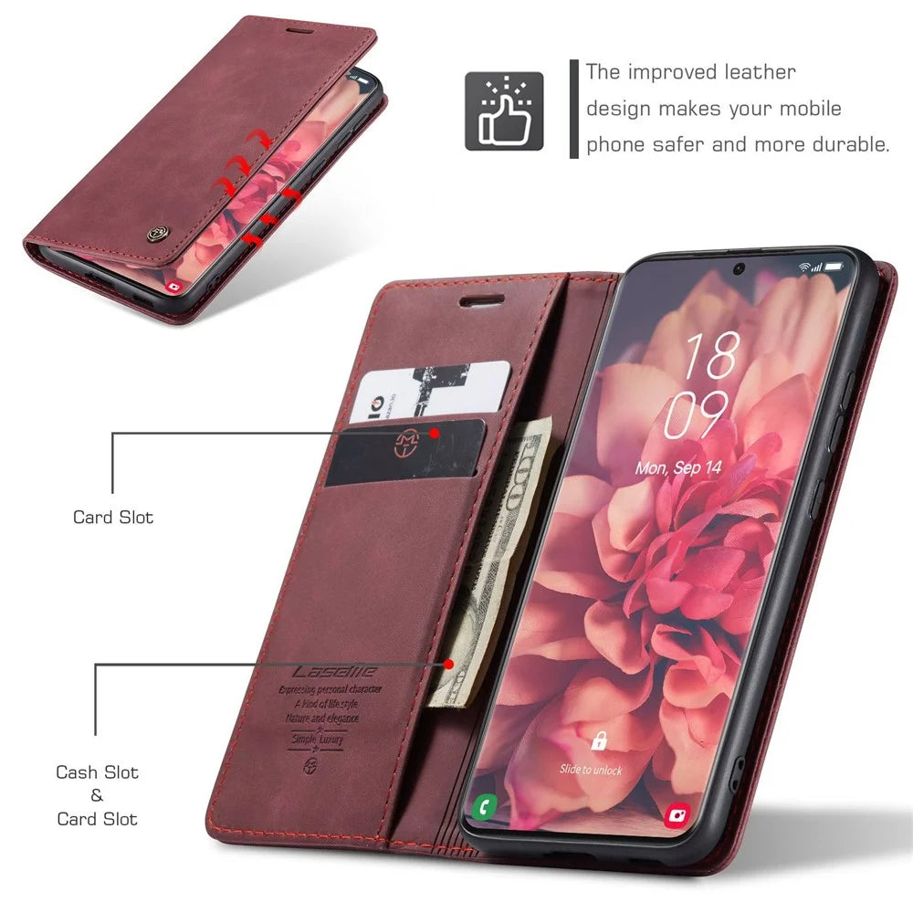 CASEME 013 Series Magnetic Clasp Stand Wallet Leather Shell for Samsung Galaxy S21 Ultra 5G - Wine Red - 5