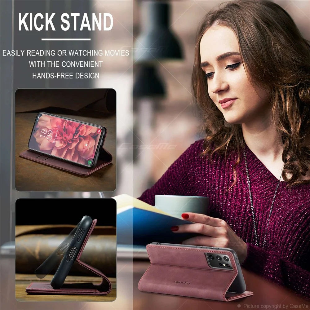 CASEME 013 Series Magnetic Clasp Stand Wallet Leather Shell for Samsung Galaxy S21 Ultra 5G - Wine Red - 7