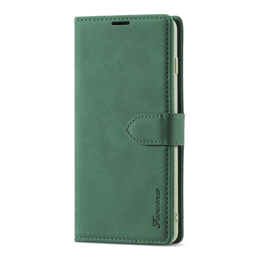 FORWENW F1 Series Wallet Stand Full Protection Leather Cover Case for Samsung Galaxy S21 4G/5G - Green - 1