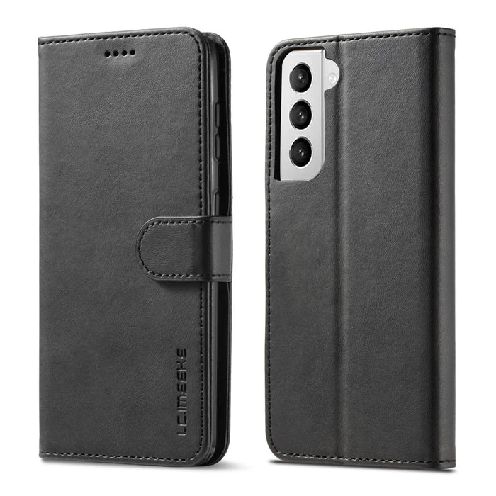 LC.IMEEKE Phone Shell for Samsung Galaxy S21 4G/5G PU Leather Wallet Foldable Stand Case - Black - 4