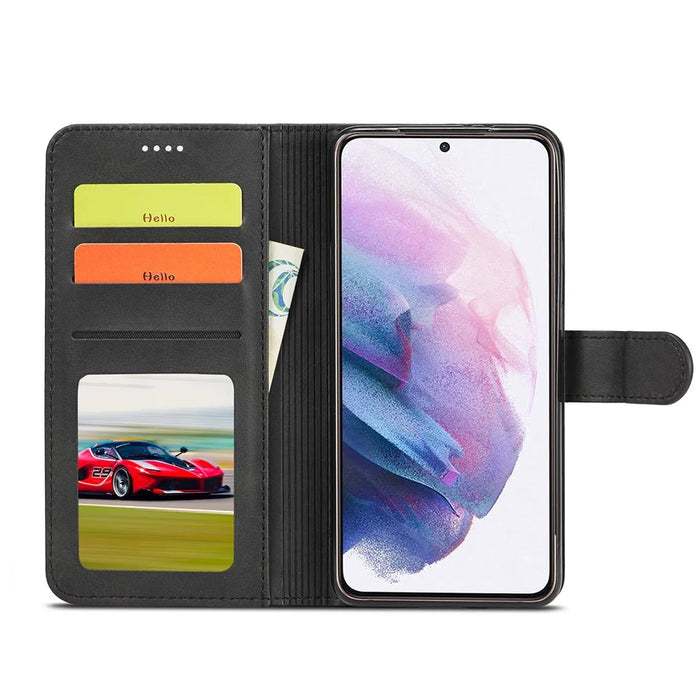 LC.IMEEKE Phone Shell for Samsung Galaxy S21 4G/5G PU Leather Wallet Foldable Stand Case - Black - 5