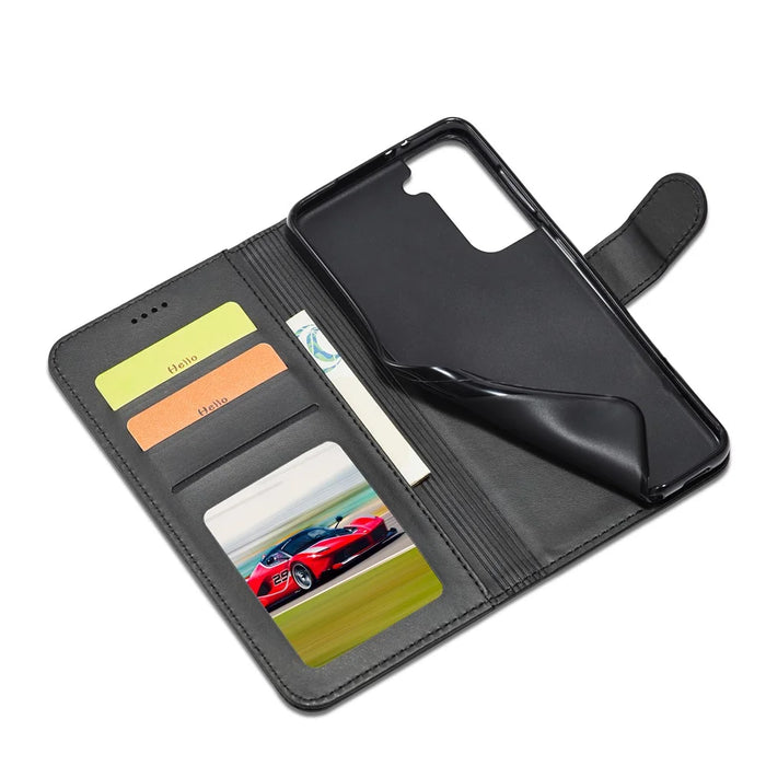 LC.IMEEKE Phone Shell for Samsung Galaxy S21 4G/5G PU Leather Wallet Foldable Stand Case - Black - 6