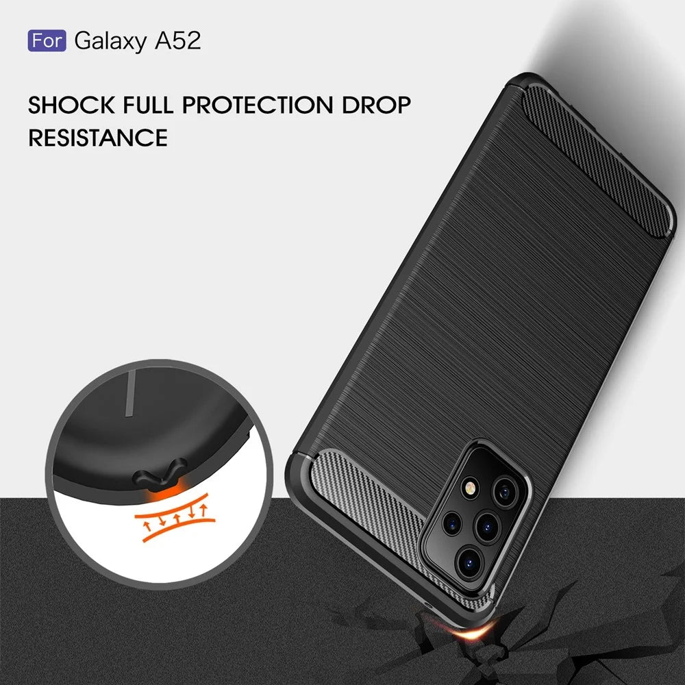 For Samsung Galaxy A52 4G / 5G / A52s 5G Carbon Fiber Brushed Texture Soft TPU Slim Fit Cover Shockproof Phone Protective Case - Black - 5