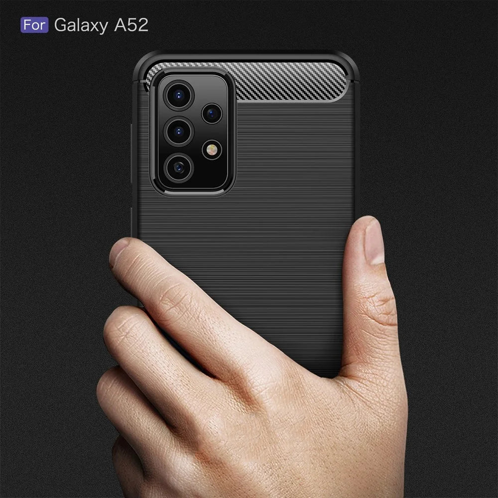 For Samsung Galaxy A52 4G / 5G / A52s 5G Carbon Fiber Brushed Texture Soft TPU Slim Fit Cover Shockproof Phone Protective Case - Black - 7
