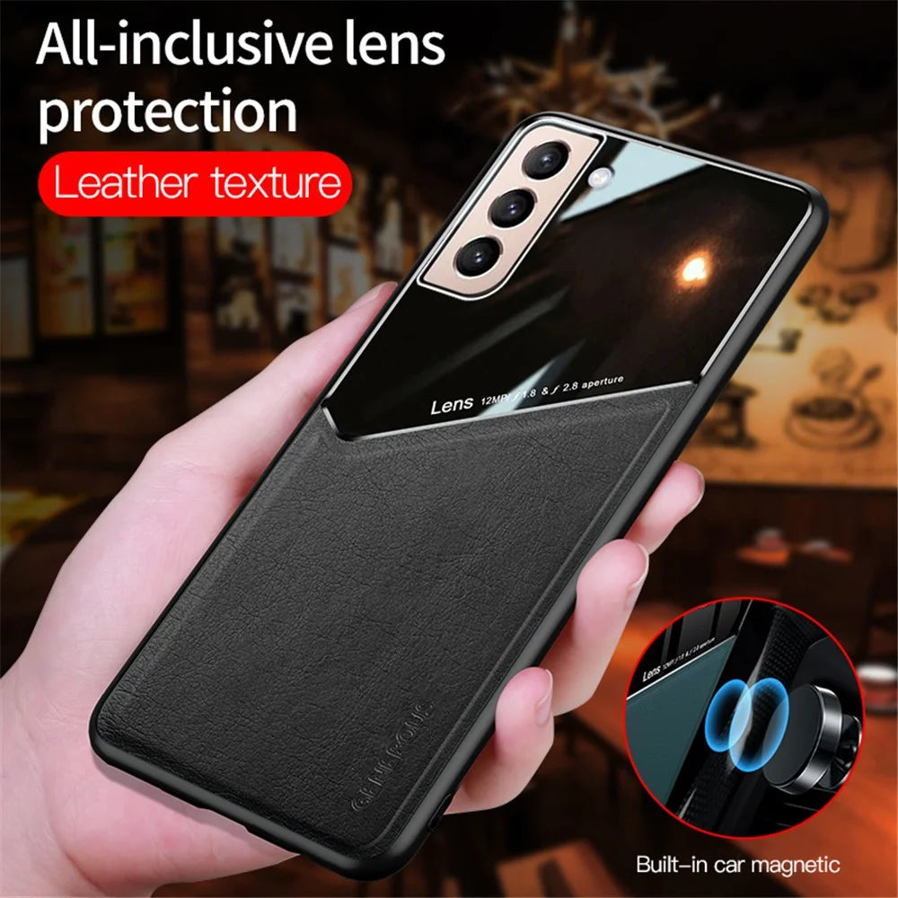 Precise Cut-Out Leather Coated Hybrid Case [Built-in Magnetic Metal Sheet] for Samsung Galaxy S21 Plus 5G - Black - 3