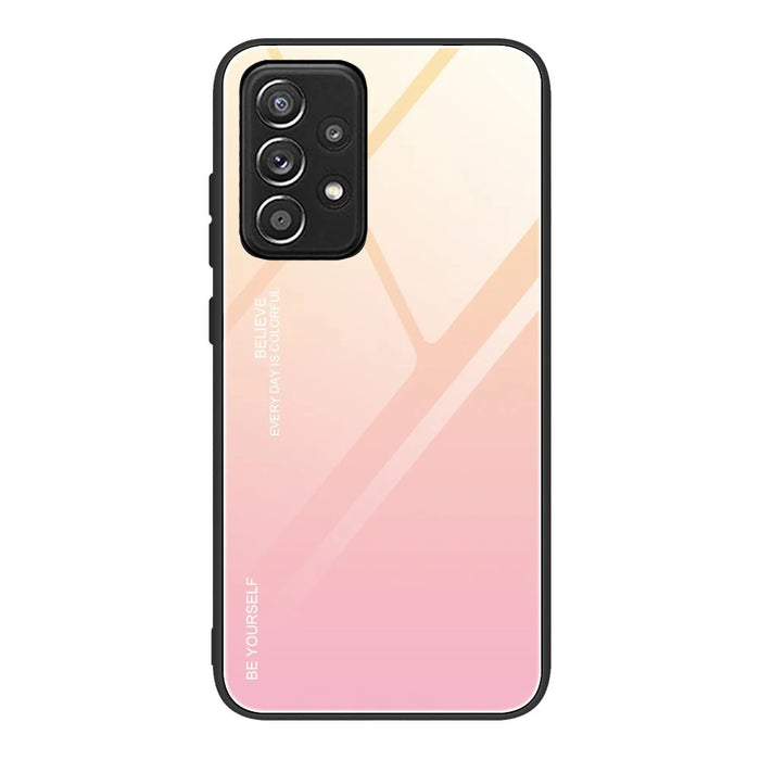 Soft TPU Edge + Anti-Scratch HD Tempered Glass Phone Case with Color Gradient Pattern for Samsung Galaxy A52 4G/5G / A52s 5G - Gold/Pink - 1
