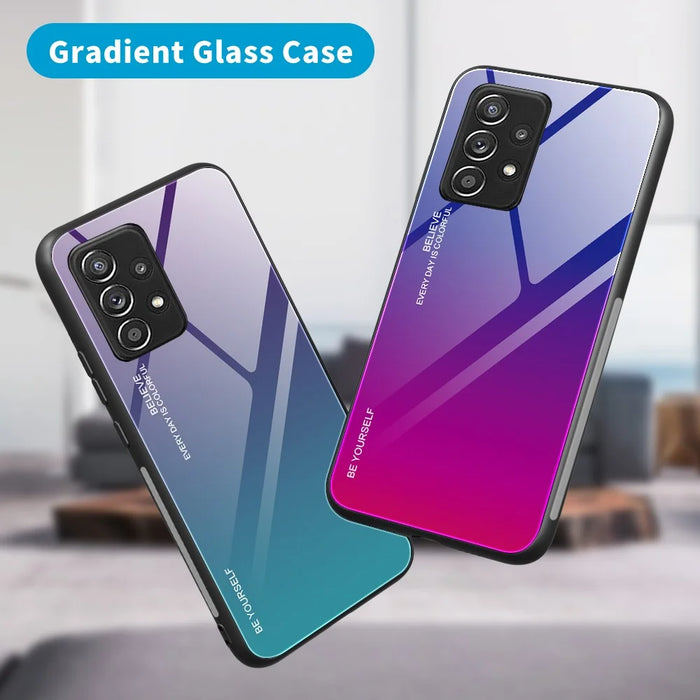 Soft TPU Edge + Anti-Scratch HD Tempered Glass Phone Case with Color Gradient Pattern for Samsung Galaxy A52 4G/5G / A52s 5G - Gold/Pink - 2