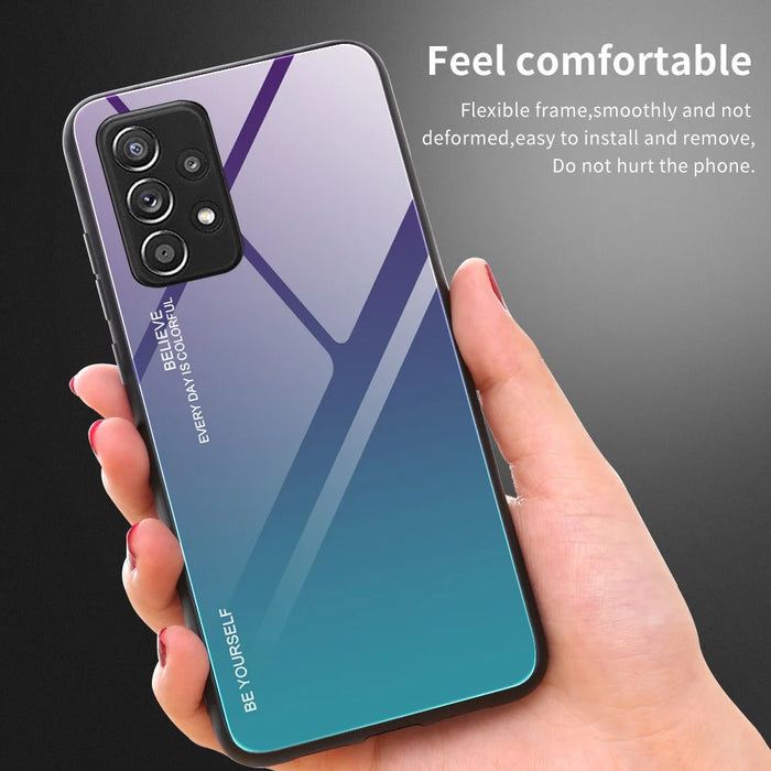 Soft TPU Edge + Anti-Scratch HD Tempered Glass Phone Case with Color Gradient Pattern for Samsung Galaxy A52 4G/5G / A52s 5G - Gold/Pink - 4