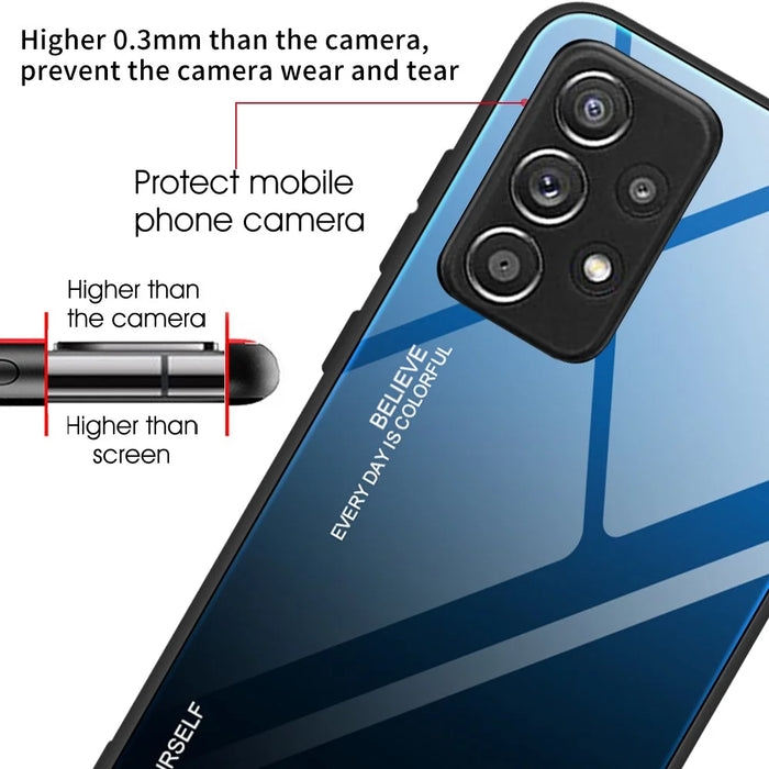 Soft TPU Edge + Anti-Scratch HD Tempered Glass Phone Case with Color Gradient Pattern for Samsung Galaxy A52 4G/5G / A52s 5G - Gold/Pink - 6