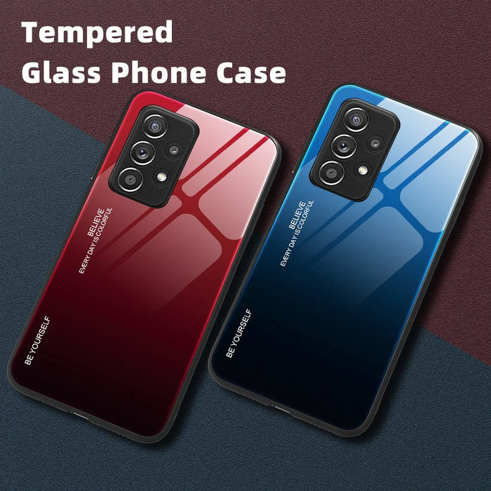 Soft TPU Edge + Anti-Scratch HD Tempered Glass Phone Case with Color Gradient Pattern for Samsung Galaxy A52 4G/5G / A52s 5G - Gold/Pink - 7