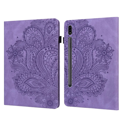 Imprinted Flower Pattern Leather Wallet Stand Tablet Protective Shell for Samsung Galaxy Tab S7 SM-T870 SM-T875 SM-T876B / S8 - Purple - 1