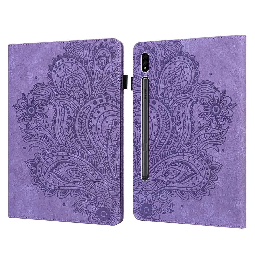 Imprinted Flower Pattern Leather Wallet Stand Tablet Protective Shell for Samsung Galaxy Tab S7 SM-T870 SM-T875 SM-T876B / S8 - Purple - 1