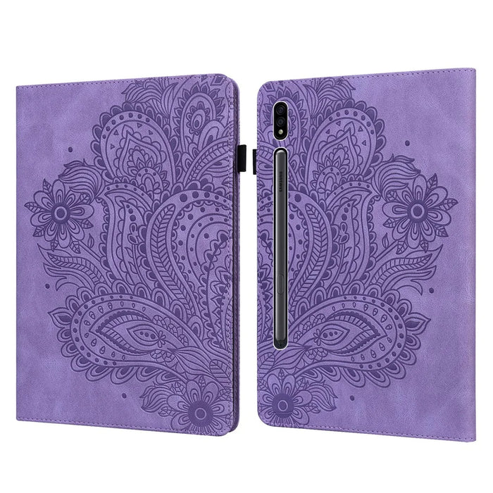 Imprinted Flower Pattern Leather Wallet Stand Tablet Protective Shell for Samsung Galaxy Tab S7 SM-T870 SM-T875 SM-T876B / S8 - Purple - 1