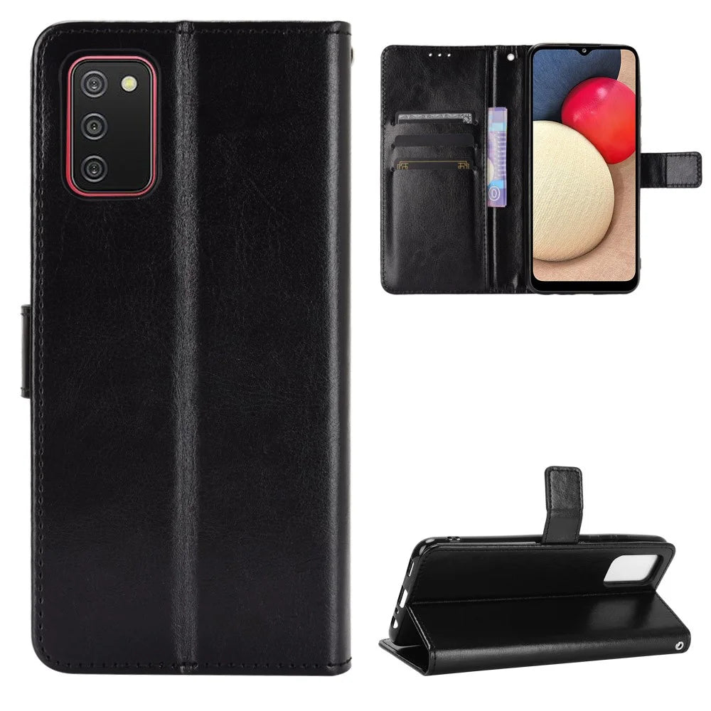Full Protection Crazy Horse Texture Leather Wallet Stand Shell for Samsung Galaxy A02s (164.2mm) - Black - 1